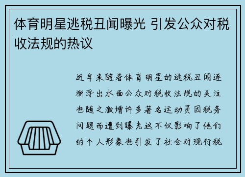 体育明星逃税丑闻曝光 引发公众对税收法规的热议